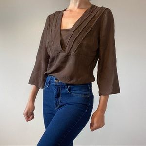 Bohemian Brown Embroidered Chiffon 3/4 Sleeve Top